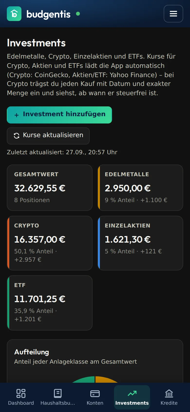 Investments im dunklen Design auf dem Handy