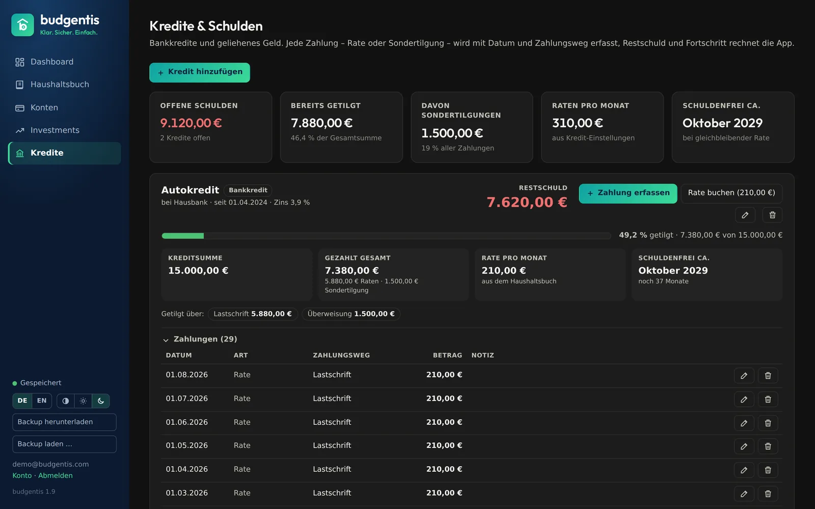 Loan overview in dark mode